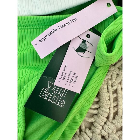 Wild Fable White and Green Ribbed Low Rise High Leg Bikini Size X 14/16 New - Picture 2 of 8